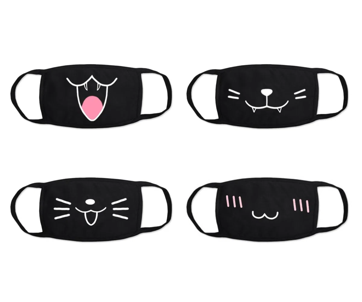 4 Pack Mundmaske, Schwarze Masken mit Cartoon Mustern Mundschutz, Staubdichte Mode Mit Niedlicher Muster-Baumwollmaske