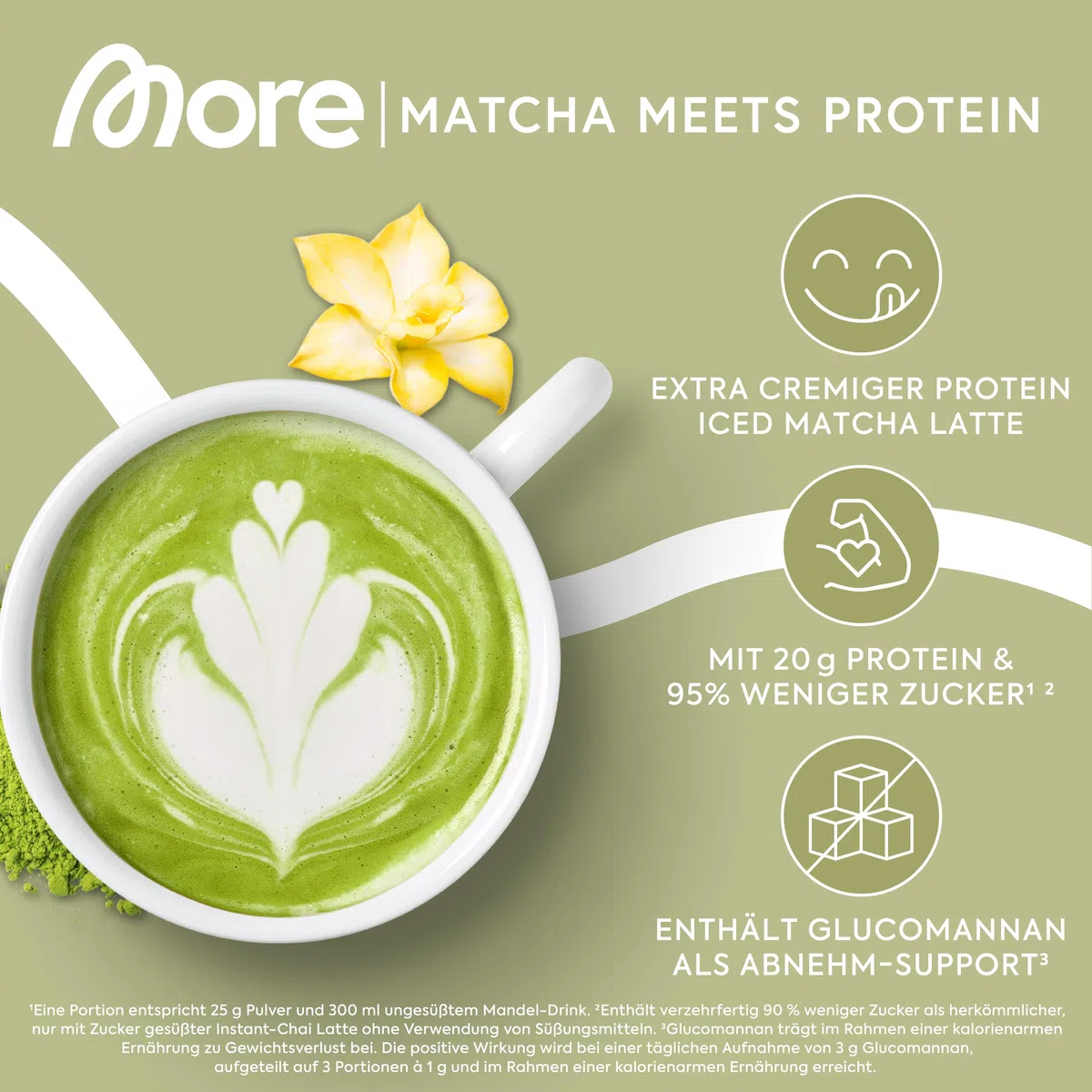 MORE Protein Iced Matcha Latte, 500g, Matcha Grünteepulver mit wertvollen Proteinen, wenig Zucker und Fett - made in Germany
