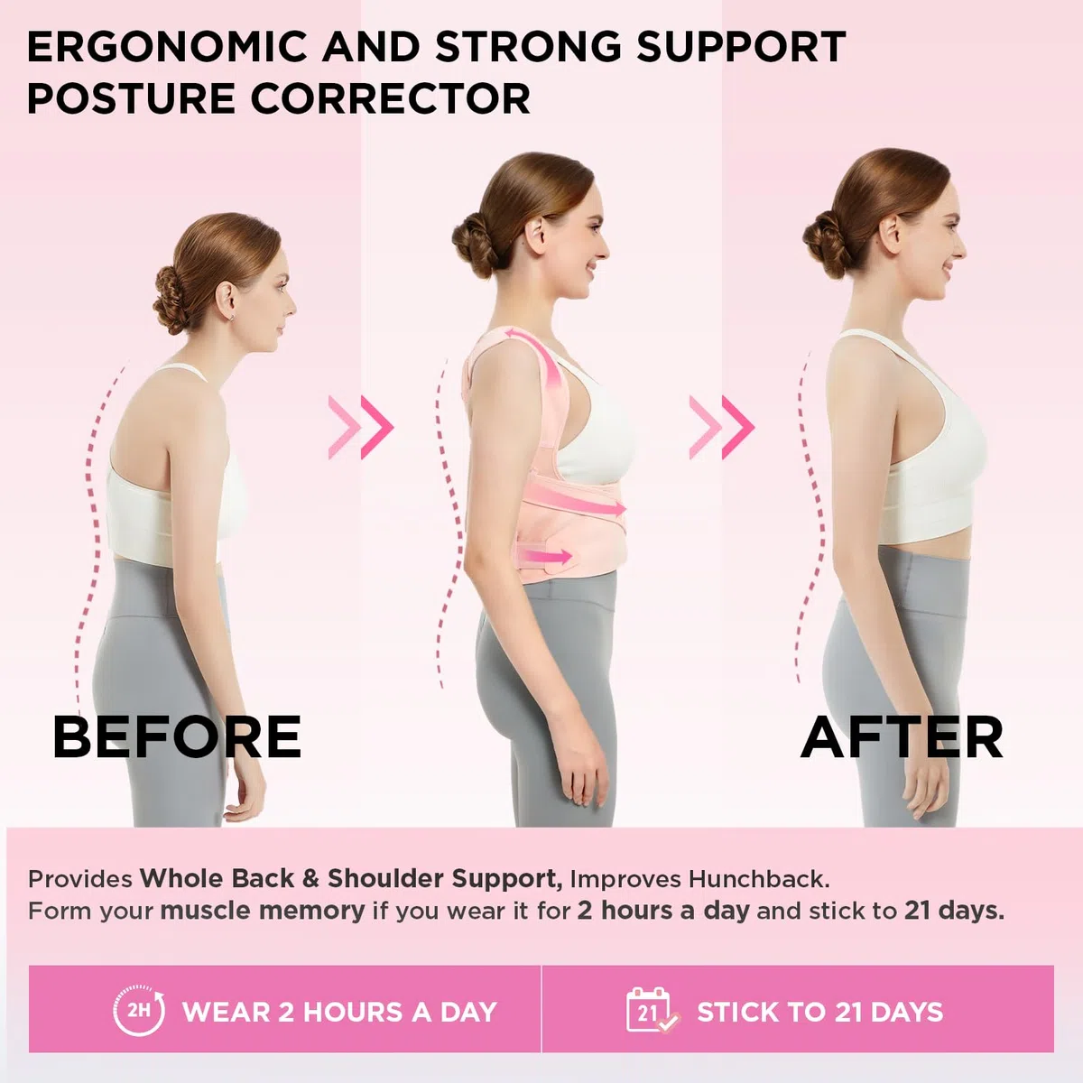 Vicorrect Posture Corrector für Frauen und Männer: Rückenstützband zur Linderung von Schmerzen im oberen Rücken und in den Schultern (Rosa, M)