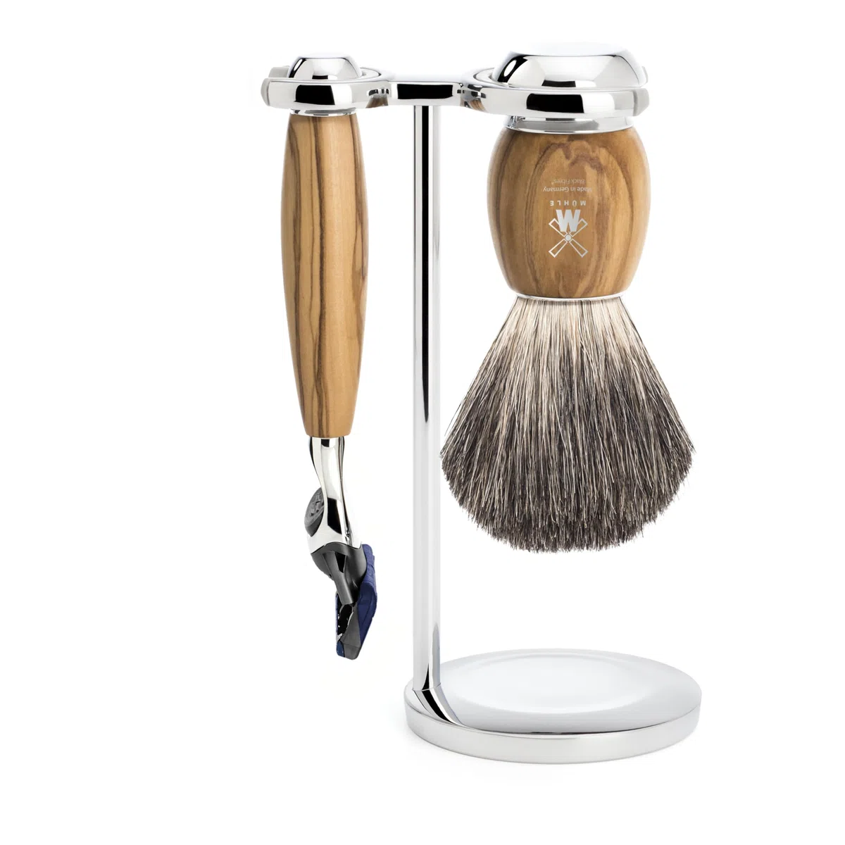 MÜHLE Vivo Rasierset - Rasierer kompatibel mit Gillette-Klingen, Rasierpinsel reines Dachshaar, Halterung, Olivenholz Griff