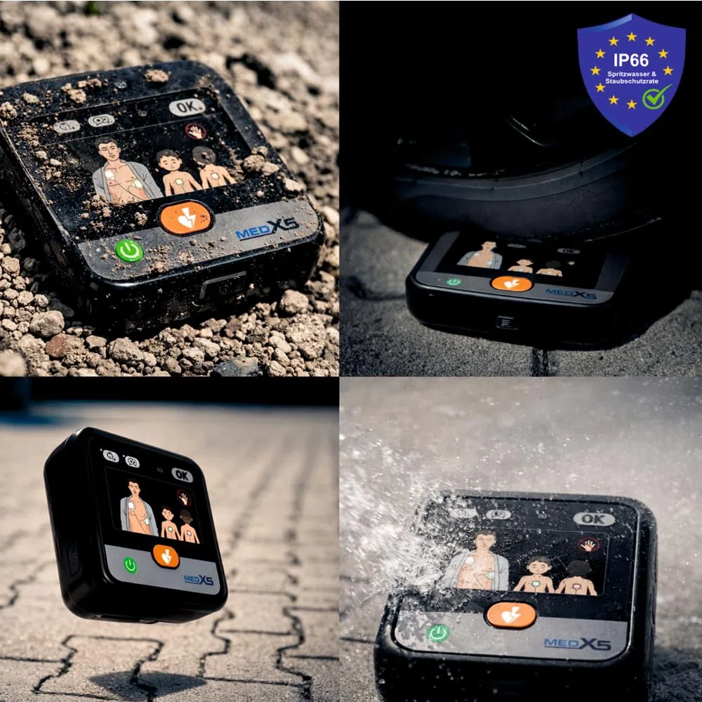 myPAD Heimdefibrillator AED für zuhause, Familie & Freizeit, 4 J. MedX5 Servicegarantie, vollautomatische Schockabgabe, LED-Grafik, für Kleinkinder Erwachsene, Komplettset