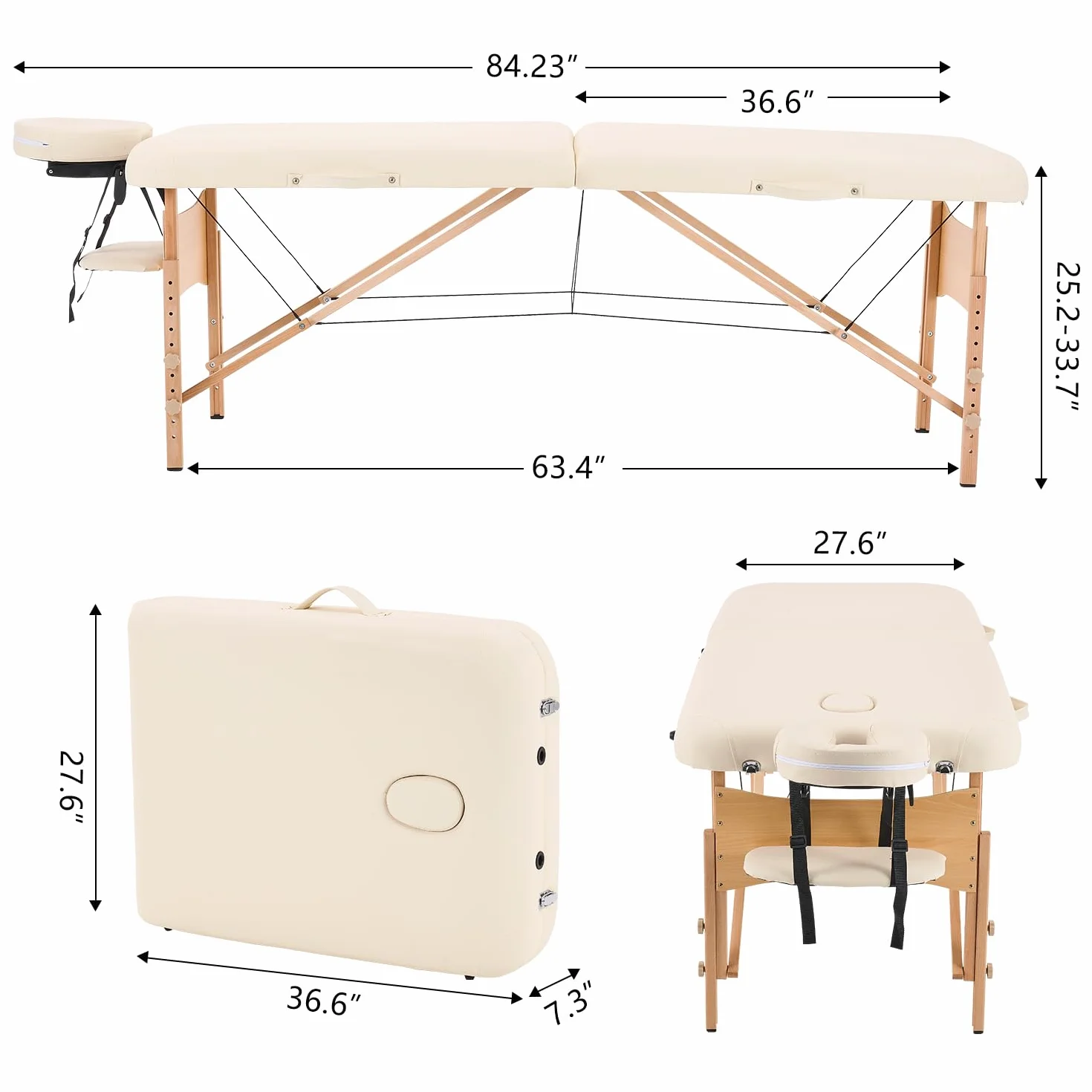 YOUNIKE Massageliege 2-Zonen klappbar Tragbare Massagebank Höhenverstellbarer Massagetisch mit Kopfstütze mit Holzfüßen und Zubehör Tragetasche Mobile Massagebett Creme