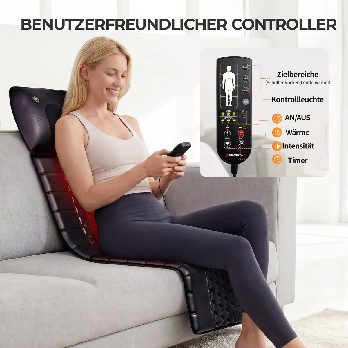 Massagematte mit Shiatsu-Nackenmassage & Wärme, Ganzkörper Massagematte mit 10 Vibrationsmotoren für Rücken, Taille und Beine, Elektrische Massageauflage für Zuhause & Büro, Schwarz