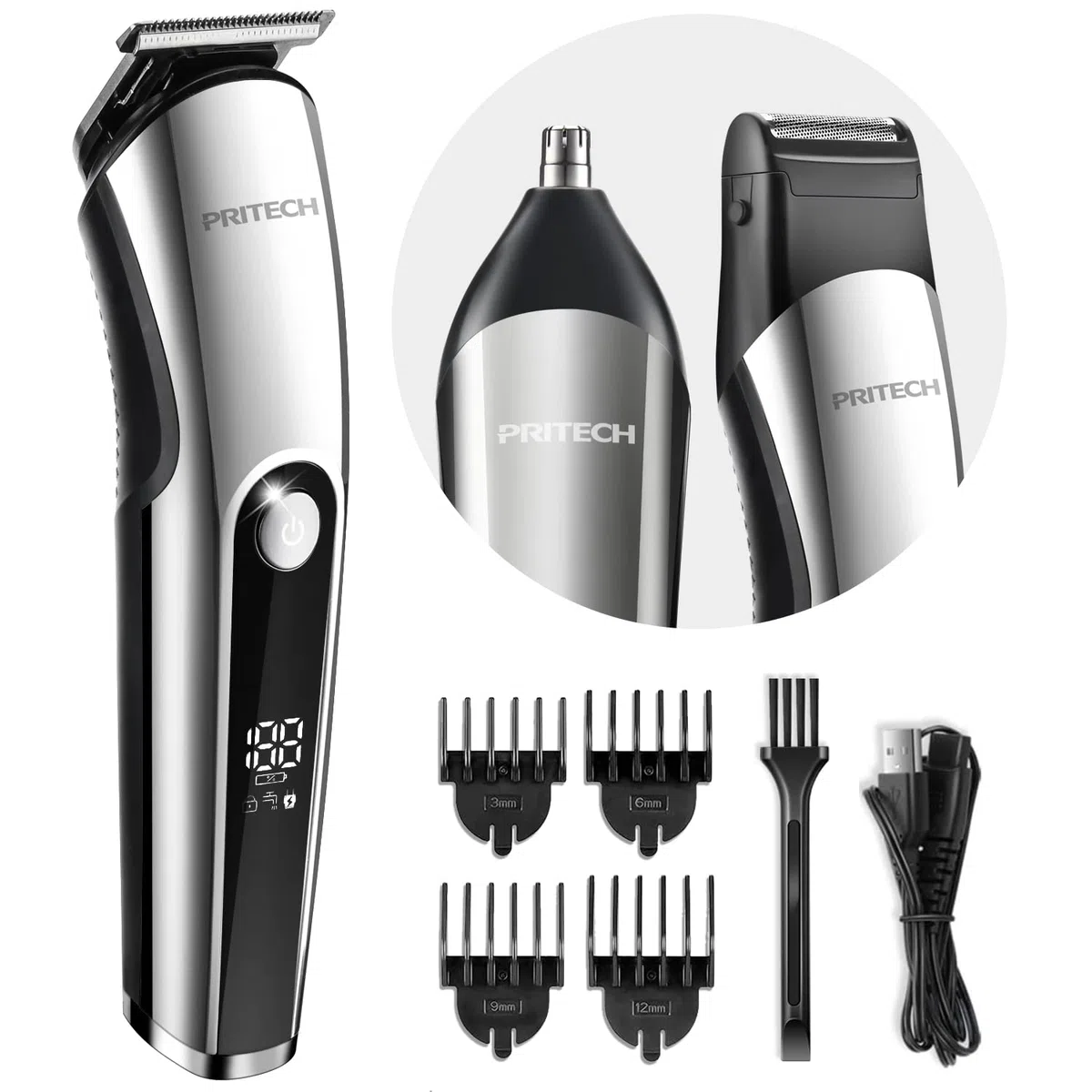 PRITECH Barttrimmer für Männer, 3 in 1 Haartrimmer Set, Nasen- und Ohrhaartrimmer, Mikro-Rasierer, Männer-Pflegeset kabellos mit LED-Display, IPX6 wasserdicht (Silber)