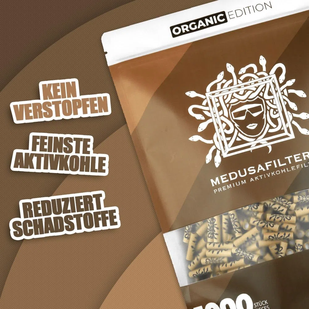 Medusafilters 1000 Stück 6mm Ø Slim Premium Aktivkohlefilter mit veganen Fasercaps & Kokos Aktivkohle | Filter mit 25mm Länge made in Germany (ORGANIC EDITION)