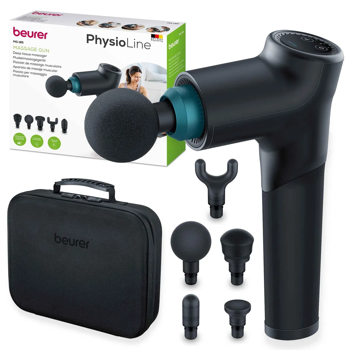 Beurer MG 185 Massagepistole, Massage Gun mit 5 Aufsätzen, kraftvolle Triggerpunktmassage, Lockerung von Verspannungen, Muskelmassagegerät mit 9 Intensitätsstufen, mit Akku