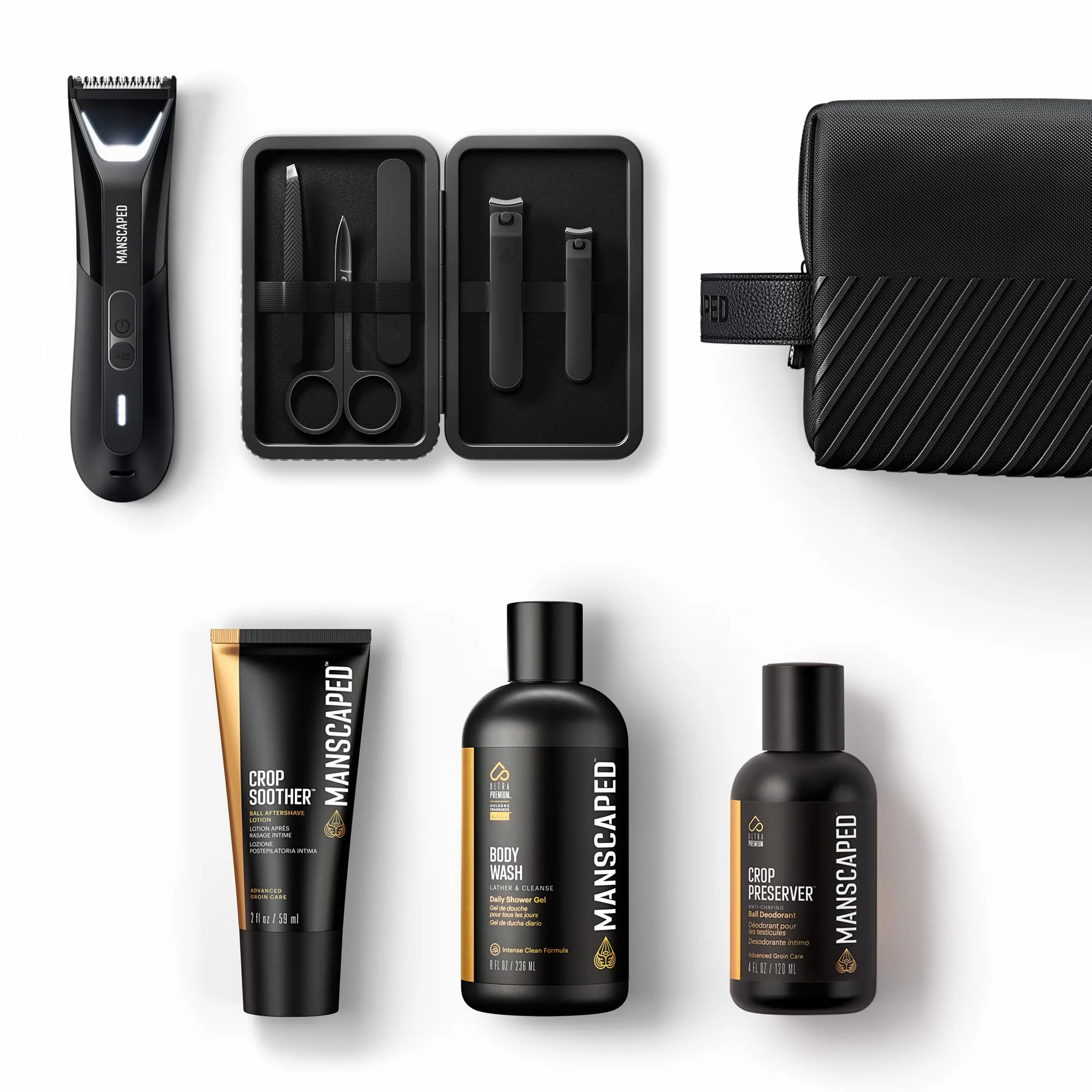 MANSCAPED® The Premier Package 5.0 ULTRA, mit The Lawn Mower® 5.0 ULTRA Intim- und Körperhaarschneider für Männer, Shears 3.0, Crop Preserver® Ball Deodorant, Duschgel, Crop Soother™, Shed 2.0