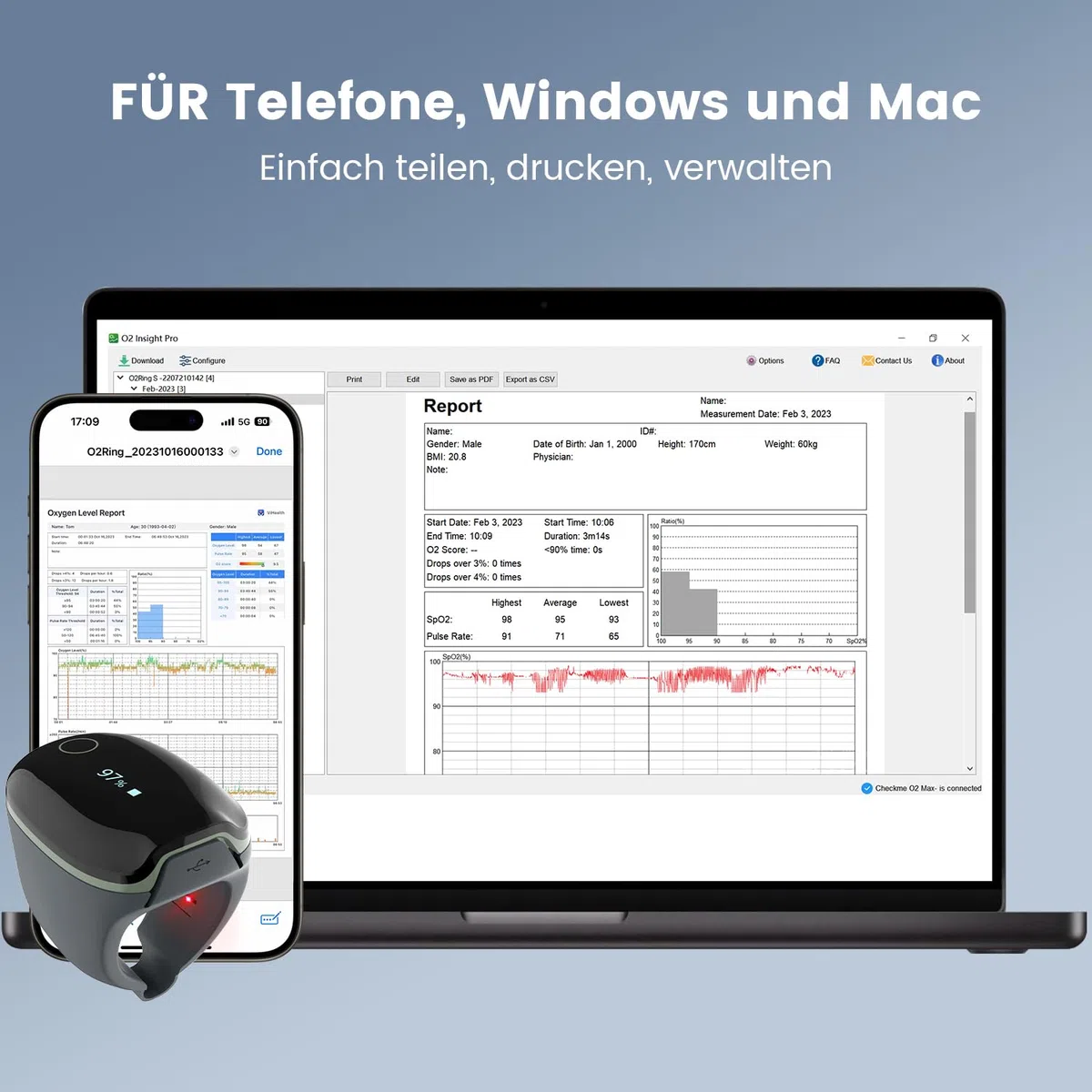 ViATOM O2ring Bluetooth Oximeter, Pulsoximeter Fingertip für kontinuierliche Überwachung nachts, Schlafoximeter zur Messung von SpO2 & Herzfrequenz (Erweiterte Funktionen)