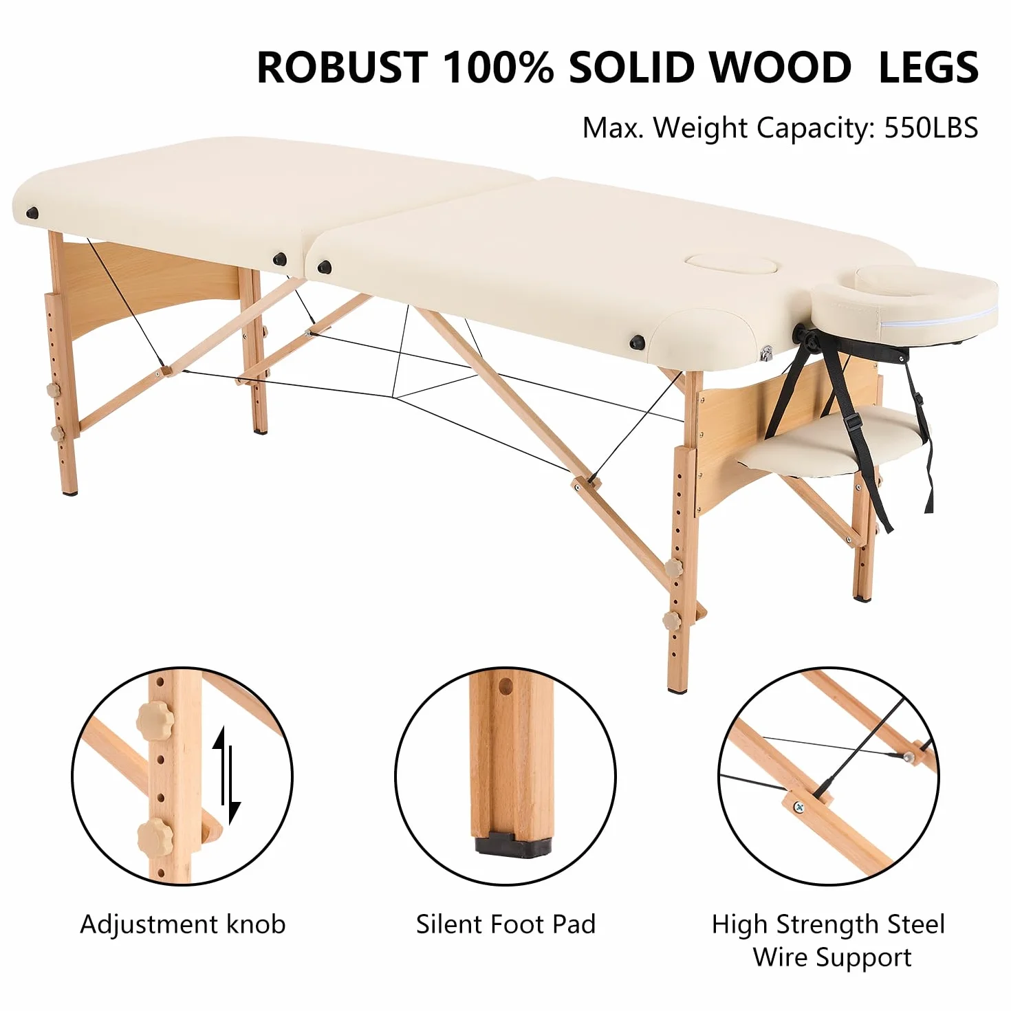 YOUNIKE Massageliege 2-Zonen klappbar Tragbare Massagebank Höhenverstellbarer Massagetisch mit Kopfstütze mit Holzfüßen und Zubehör Tragetasche Mobile Massagebett Creme
