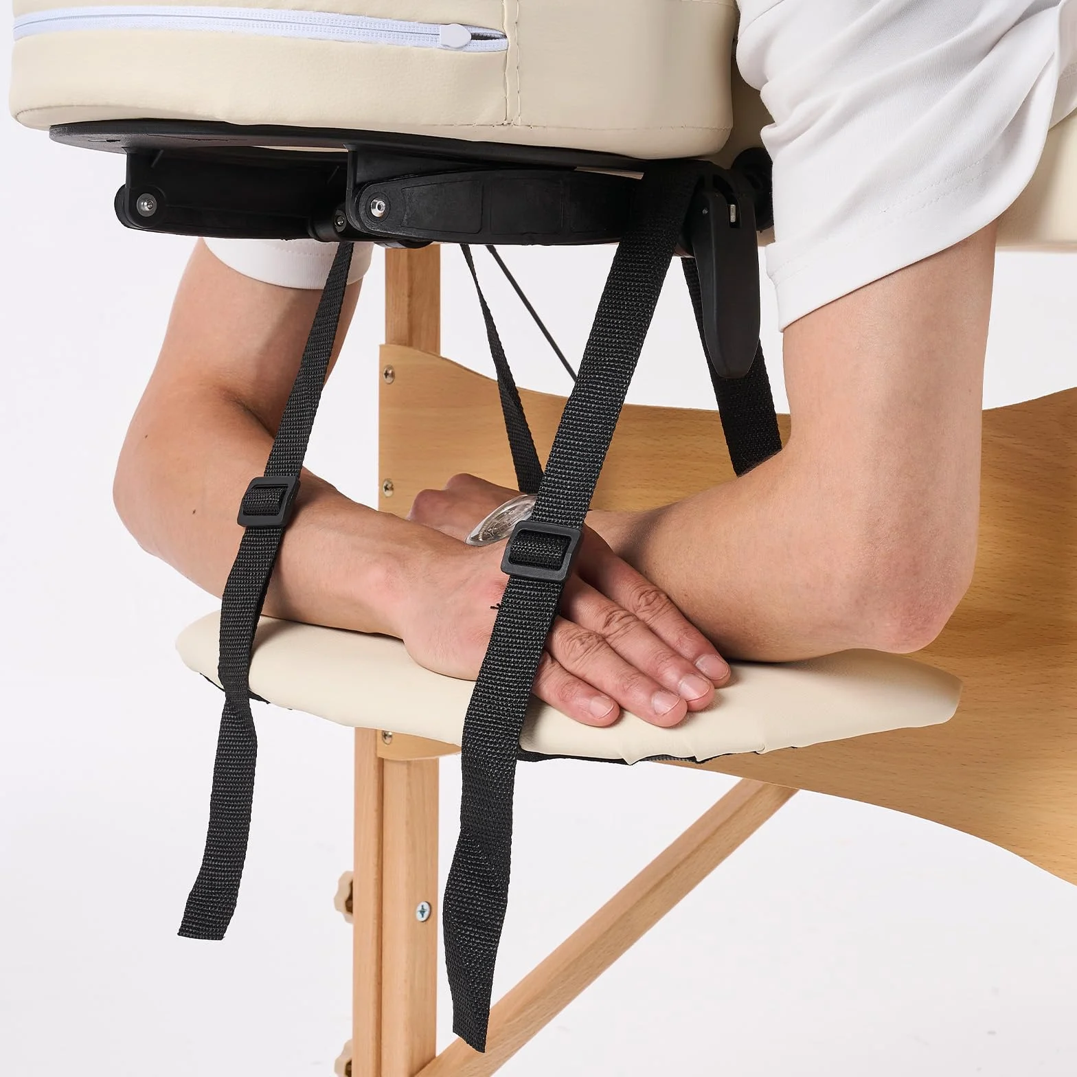 YOUNIKE Massageliege 2-Zonen klappbar Tragbare Massagebank Höhenverstellbarer Massagetisch mit Kopfstütze mit Holzfüßen und Zubehör Tragetasche Mobile Massagebett Creme