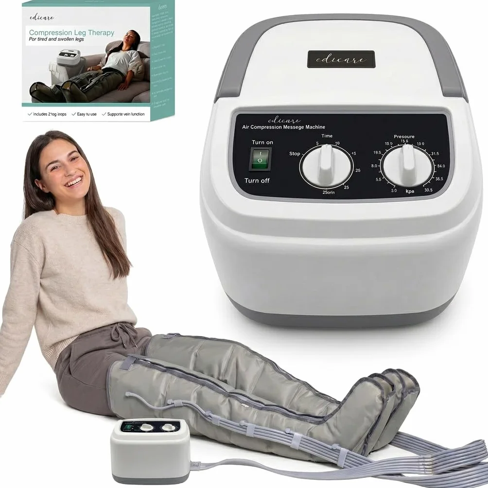 Edicare, Lymphdrainage Gerät, für Beine, Füße, Arme und Unterleib, Massagegerät, Einfaches Einstellbar und Anwendung, 6 Luftkammern, professionelle Wirksamkeit (Gerät und Beinschlaufen)