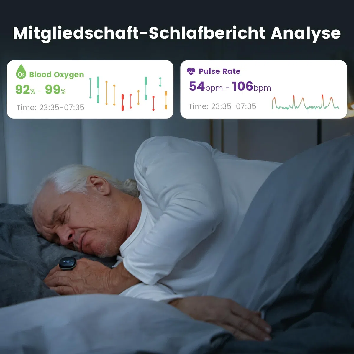 ViATOM O2ring Bluetooth Oximeter, Pulsoximeter Fingertip für kontinuierliche Überwachung nachts, Schlafoximeter zur Messung von SpO2 & Herzfrequenz (Erweiterte Funktionen)