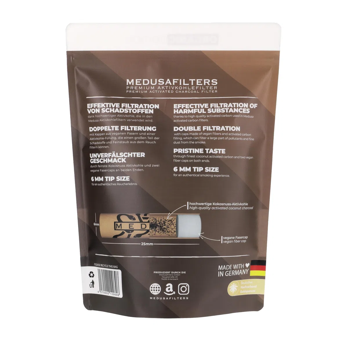 Medusafilters 1000 Stück 6mm Ø Slim Premium Aktivkohlefilter mit veganen Fasercaps & Kokos Aktivkohle | Filter mit 25mm Länge made in Germany (ORGANIC EDITION)