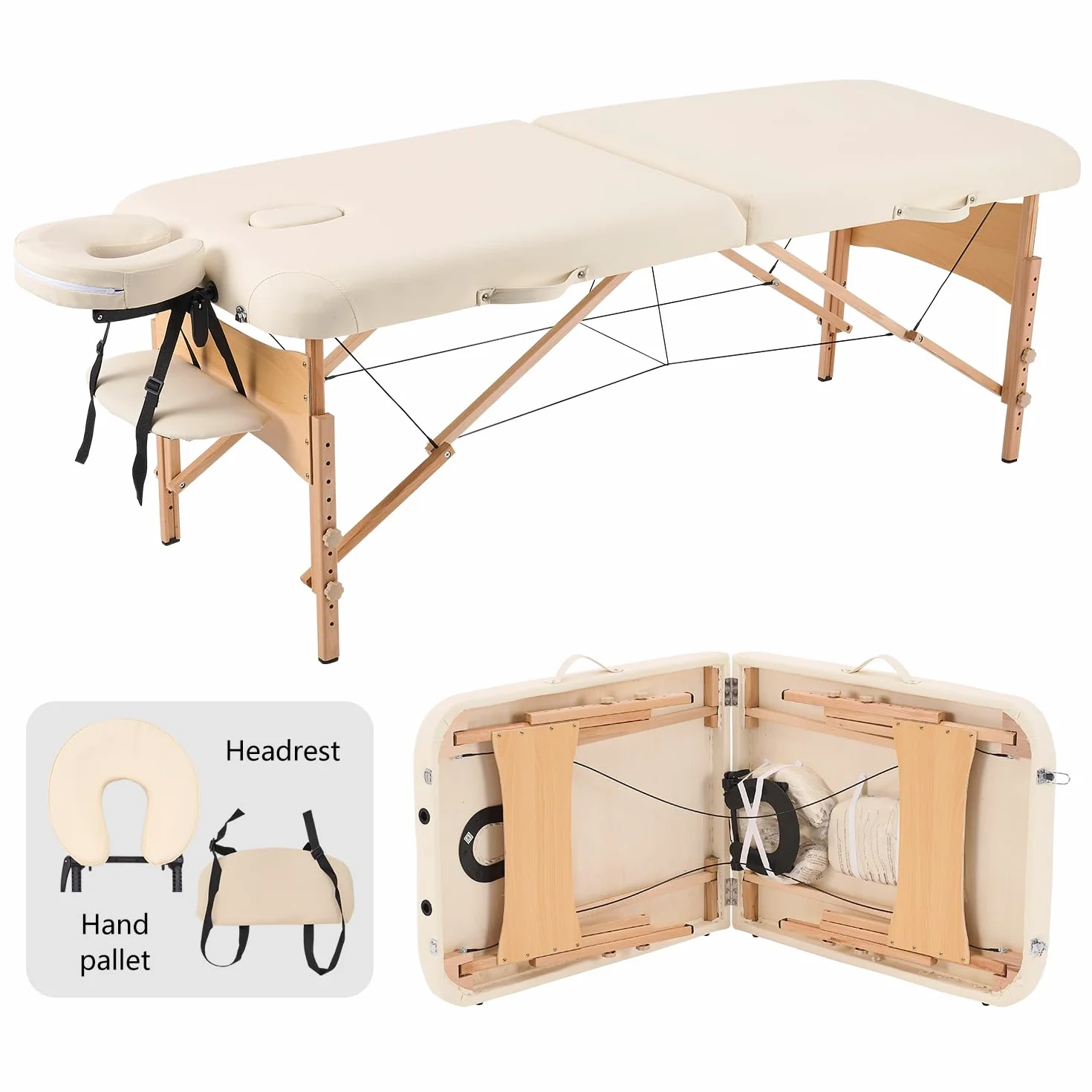 YOUNIKE Massageliege 2-Zonen klappbar Tragbare Massagebank Höhenverstellbarer Massagetisch mit Kopfstütze mit Holzfüßen und Zubehör Tragetasche Mobile Massagebett Creme