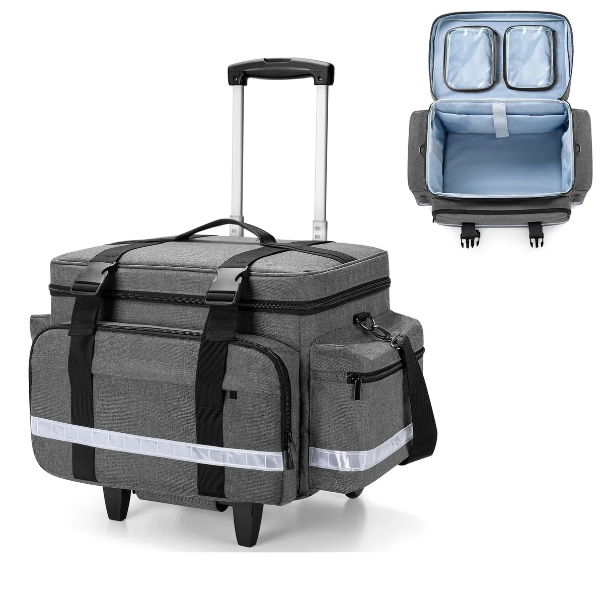 Damero Medizinische Tasche mit abnehmbarem Trolley, Tasche für medizinische Ausrüstung mit abnehmbaren Taschen und Trennwänden, Erste-Hilfe-Tasche leer für Krankenschwestern und Ärzte zu Hause, Grau