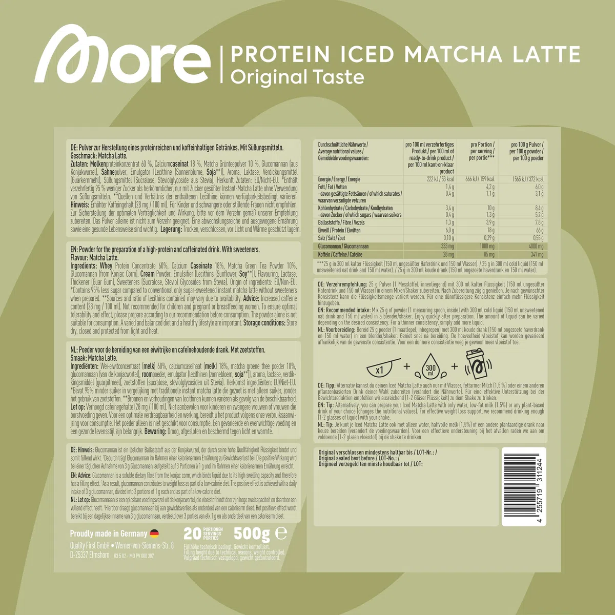 MORE Protein Iced Matcha Latte, 500g, Matcha Grünteepulver mit wertvollen Proteinen, wenig Zucker und Fett - made in Germany