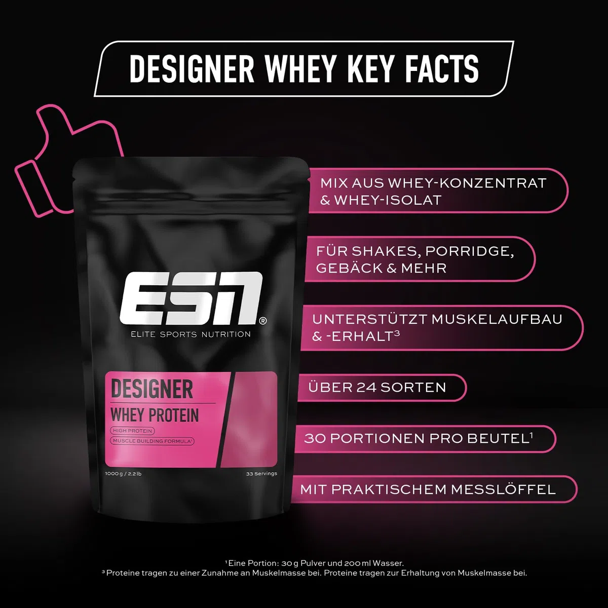 ESN Designer Whey Proteinpulver + Gratis Shaker, Vanilla Ice Cream, 2 x 1 kg, bis zu 23 g Protein pro Portion, ideal zum Muskelaufbau und -erhalt - made in Germany
