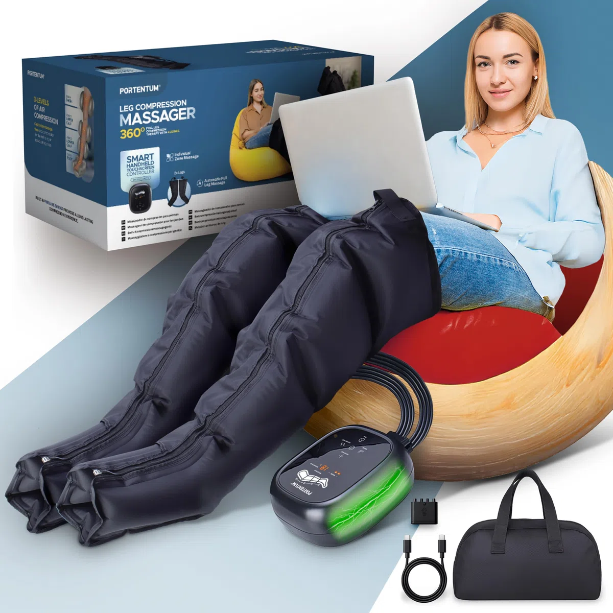 PORTENTUM Lymphdrainage gerät mit Akku – Bein Massagegerät mit 8 Modi und 3 Intensitäten – Fernbedienung mit LCD-Display – USB-C – Lindert müde Beine und fördert die Durchblutung – Tragetasche