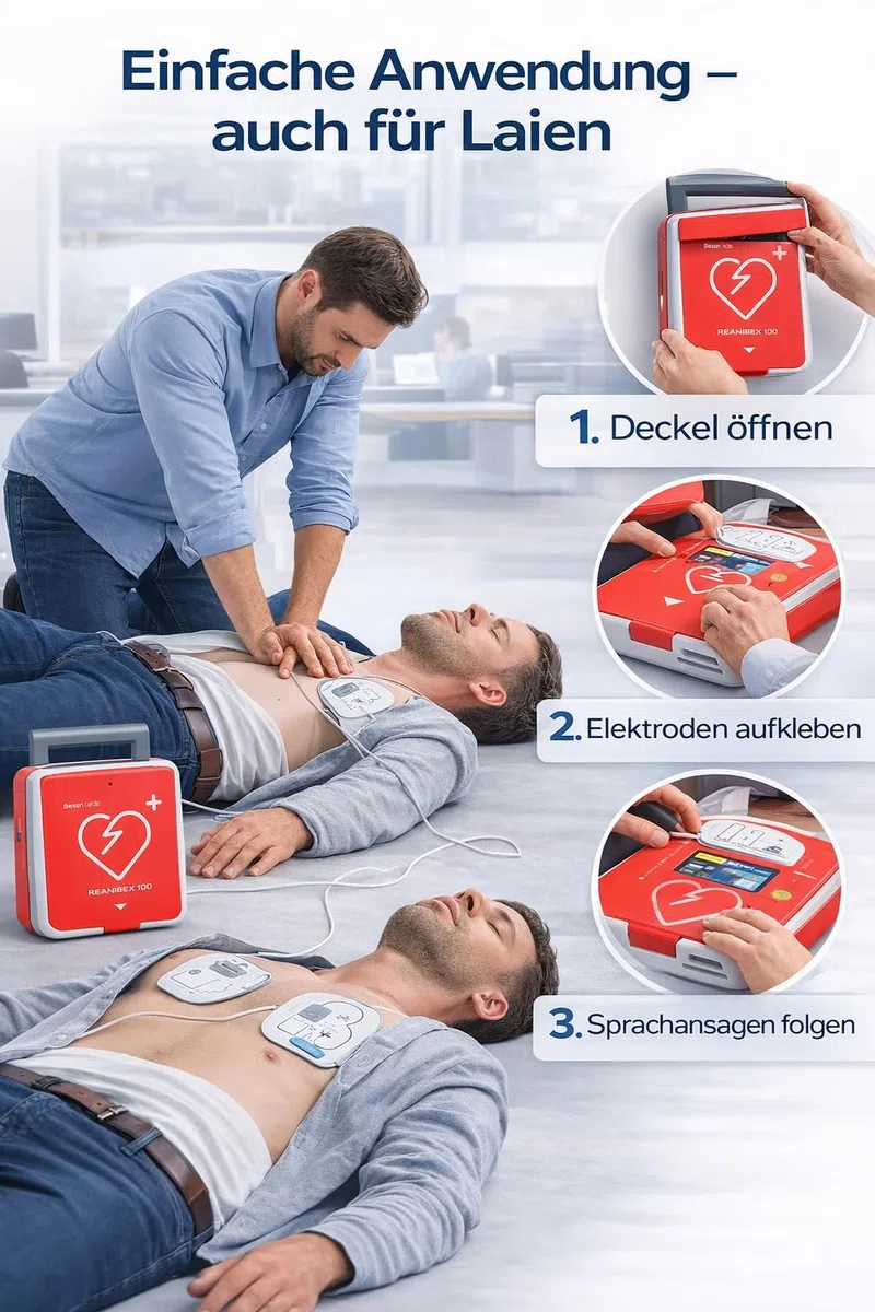 Reanibex 100 AED Defibrillator 2026 vollautomatische Schockauslösung, für Zuhause, im Betrieb, Kleinkindertaste, Ladezeit 0 Sekunden, 7 Jahre Garantie, Sprache DE/UK/FR, Erste-Hilfe Set