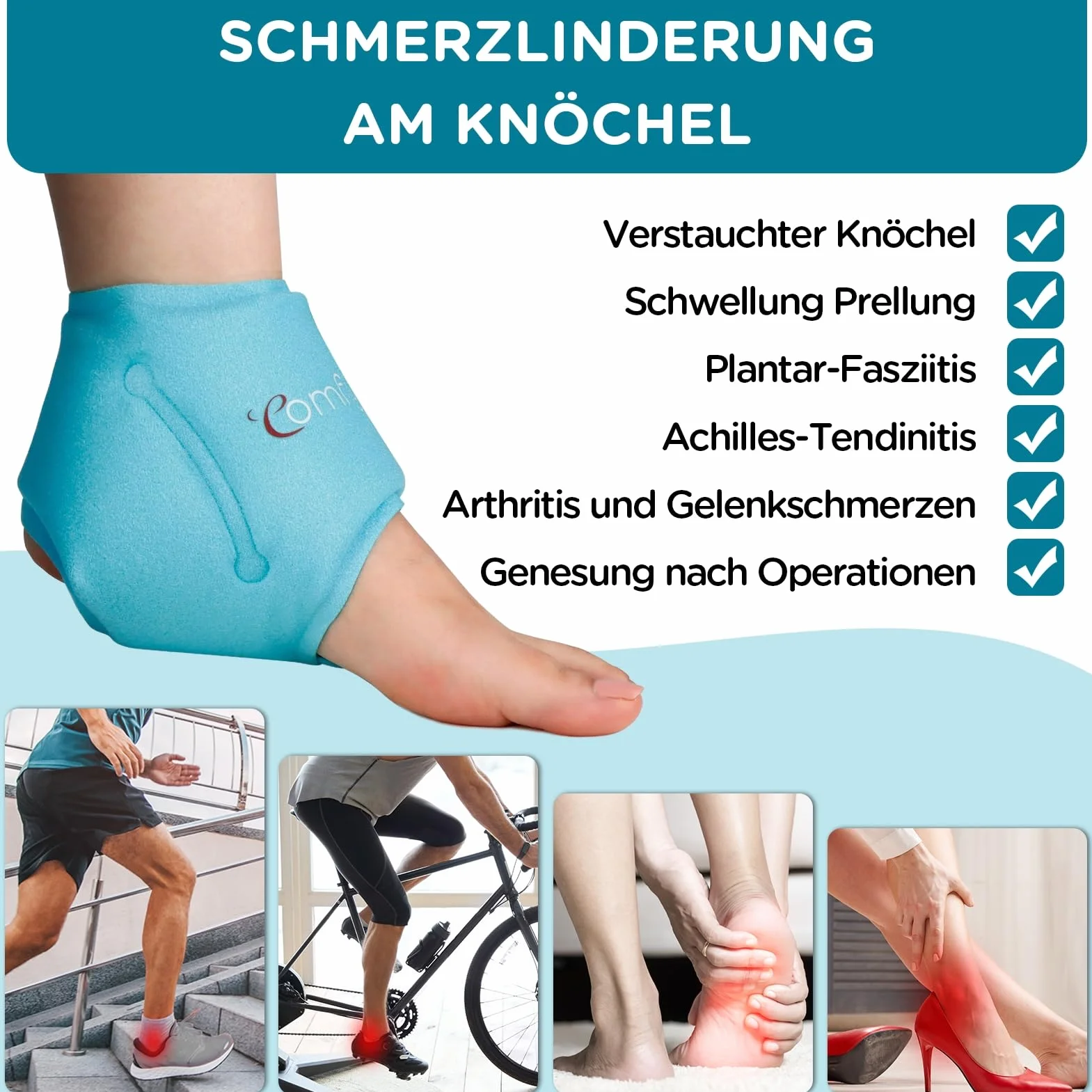 Comfytemp Kühlmanschette Fuß Knöchel Gel Kühlpads（2 Stück）,Kühlbandage Fußgelenk Schmerzlinderung,Kalt Warm Kompresse Wiederverwendbare Kühlpacks Plantarfasziitis 30x11cm