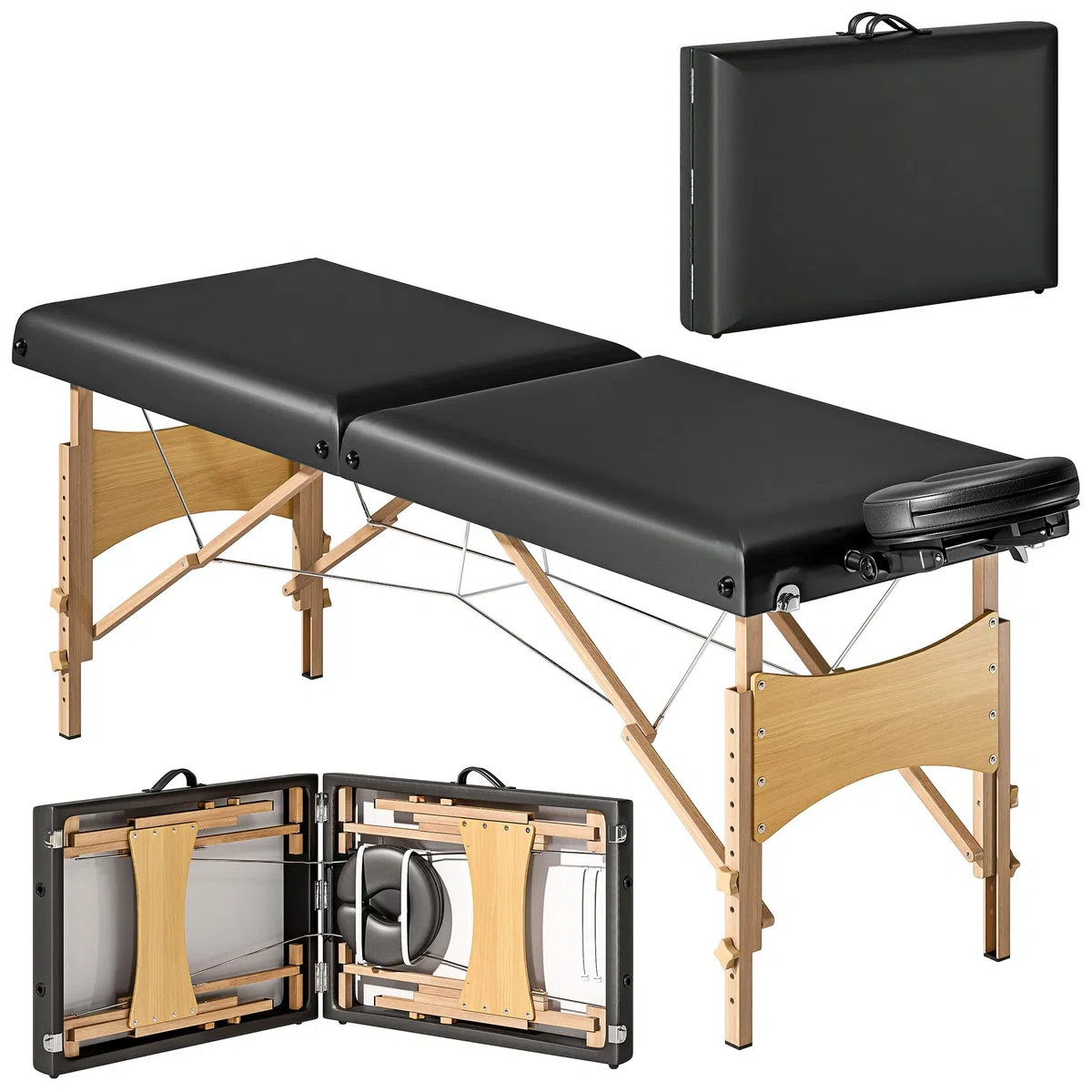 HOMCOM Mobile Massageliege 2 Zonen Klappbar Massagetisch Höhenverstellbar Massagebank 70 cm Breit mit Kopfstütze, Holzfüßen Massagebett Kosmetikliege Schwarz