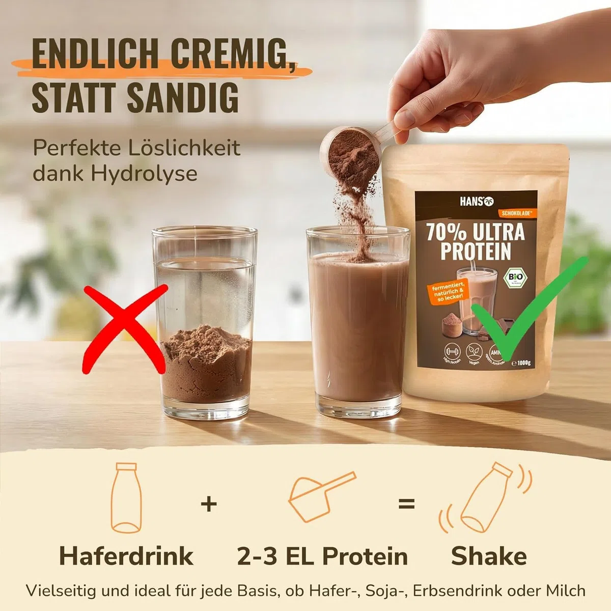 HANS Brainfood Veganes Proteinpulver Schoko - Bio Zertifiziert aus Bayern – 70% fermentiertes Erbsenprotein ohne Süßungsmittel, cremig & gut löslich – Protein Pulver vegan (3000g)