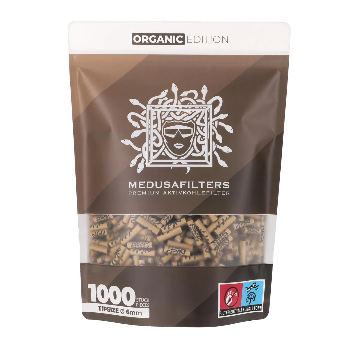 Medusafilters 1000 Stück 6mm Ø Slim Premium Aktivkohlefilter mit veganen Fasercaps & Kokos Aktivkohle | Filter mit 25mm Länge made in Germany (ORGANIC EDITION)