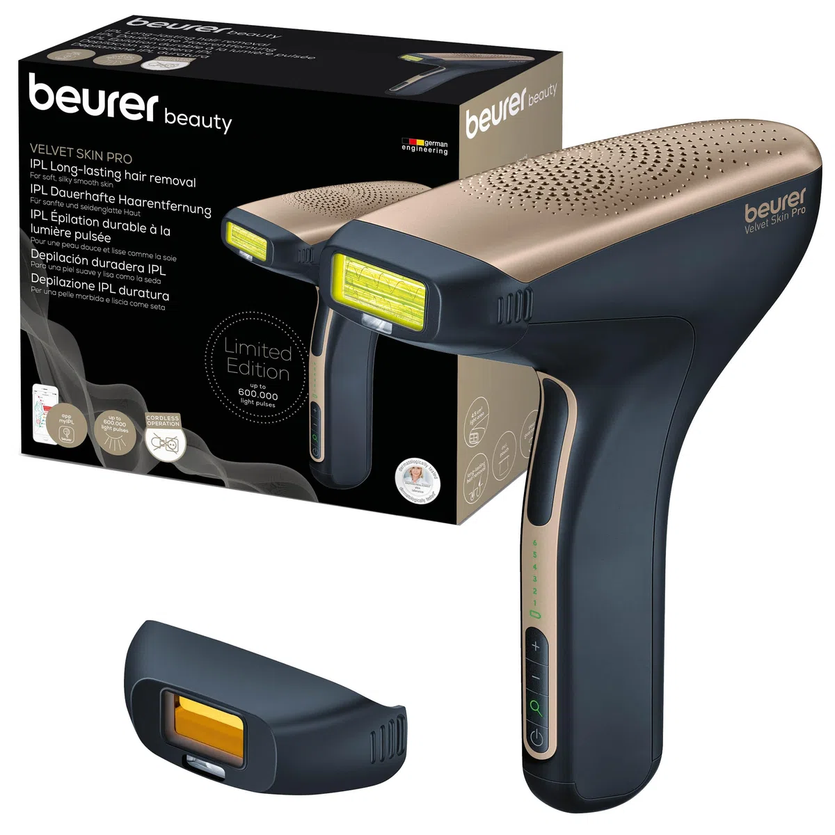 Beurer IPL Velvet Skin Pro Haarentfernungsgerät mit Akku, dauerhafte Haarentfernung durch IPL-Technologie, für Körper, Gesicht, Bikinizone, mit App, schwarz