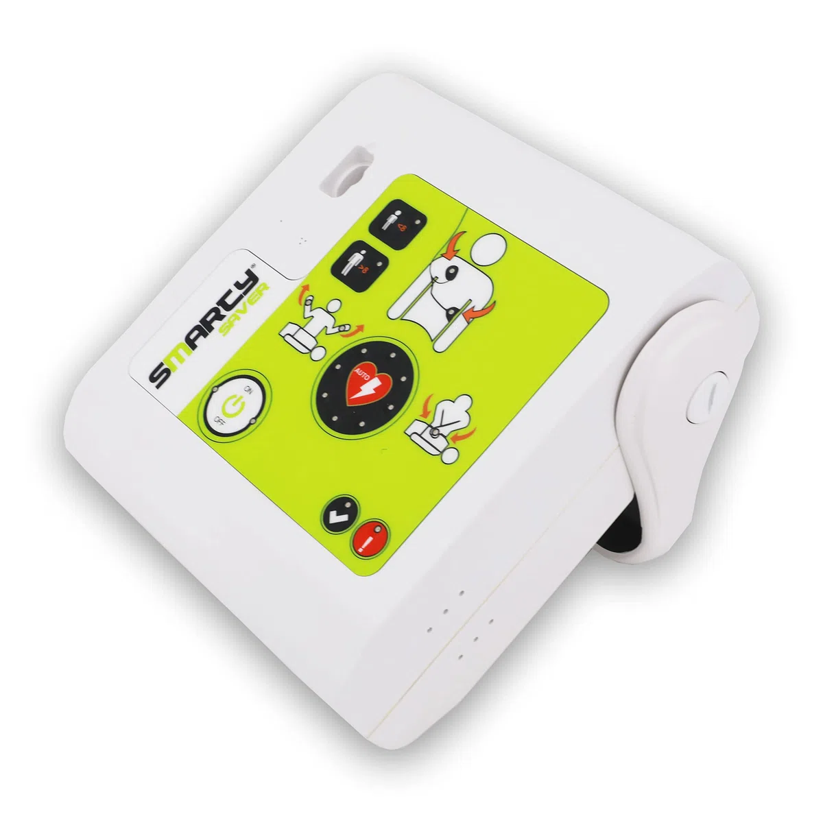 AED Defibrillator SET SMARTY SAVER, vollautom. Auslösung, Umschalter Erwachsene-Kinder, Kombi-Elektroden mit Metall-Wandkasten und AED - Standortwinkel