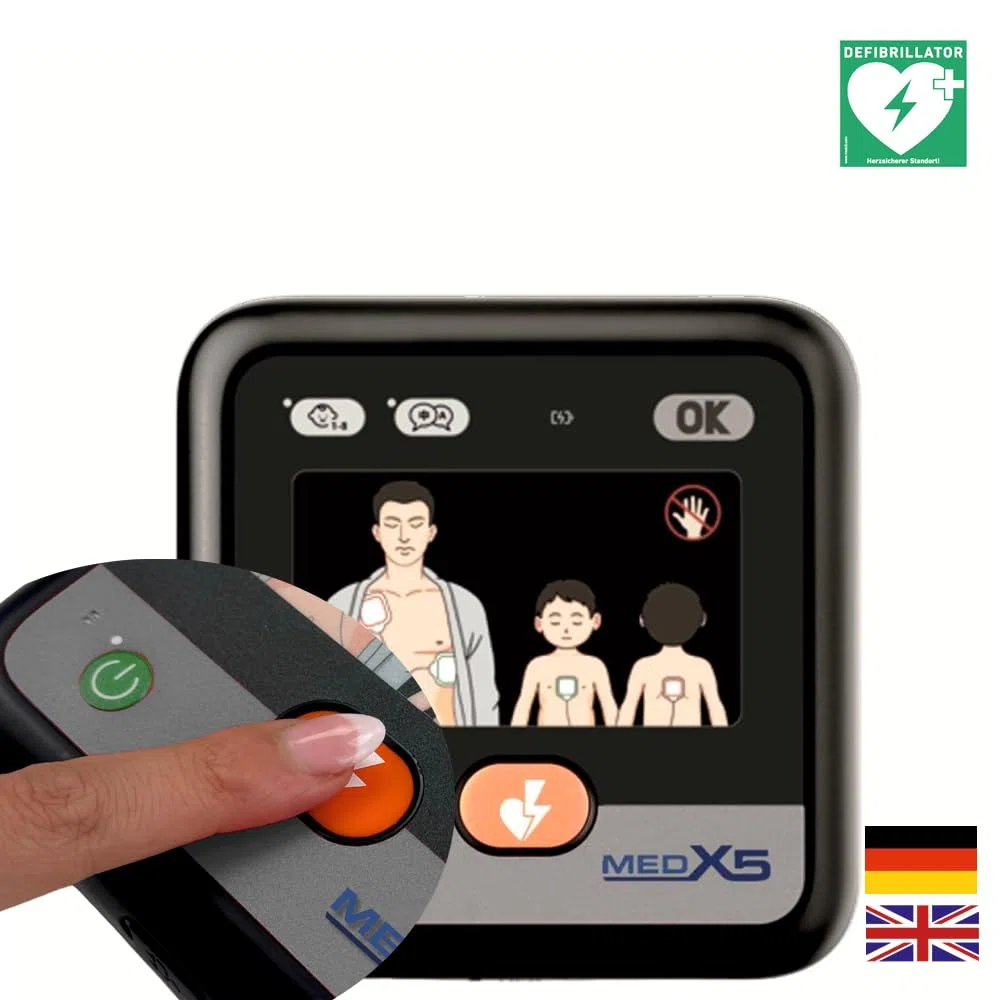 myPAD Heimdefibrillator AED für zuhause, Familie & Freizeit, 4 J. MedX5 Servicegarantie, manuelle Schockauslösung, LED-Grafik, für Kleinkinder Erwachsene, Komplettset