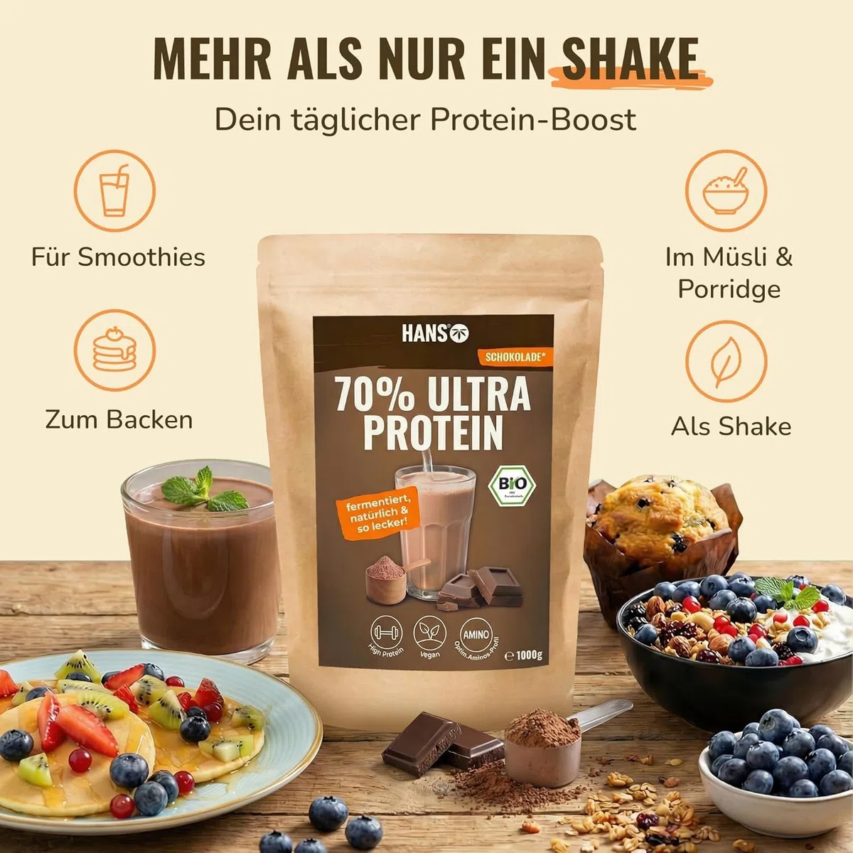 HANS Brainfood Veganes Proteinpulver Schoko - Bio Zertifiziert aus Bayern – 70% fermentiertes Erbsenprotein ohne Süßungsmittel, cremig & gut löslich – Protein Pulver vegan (3000g)