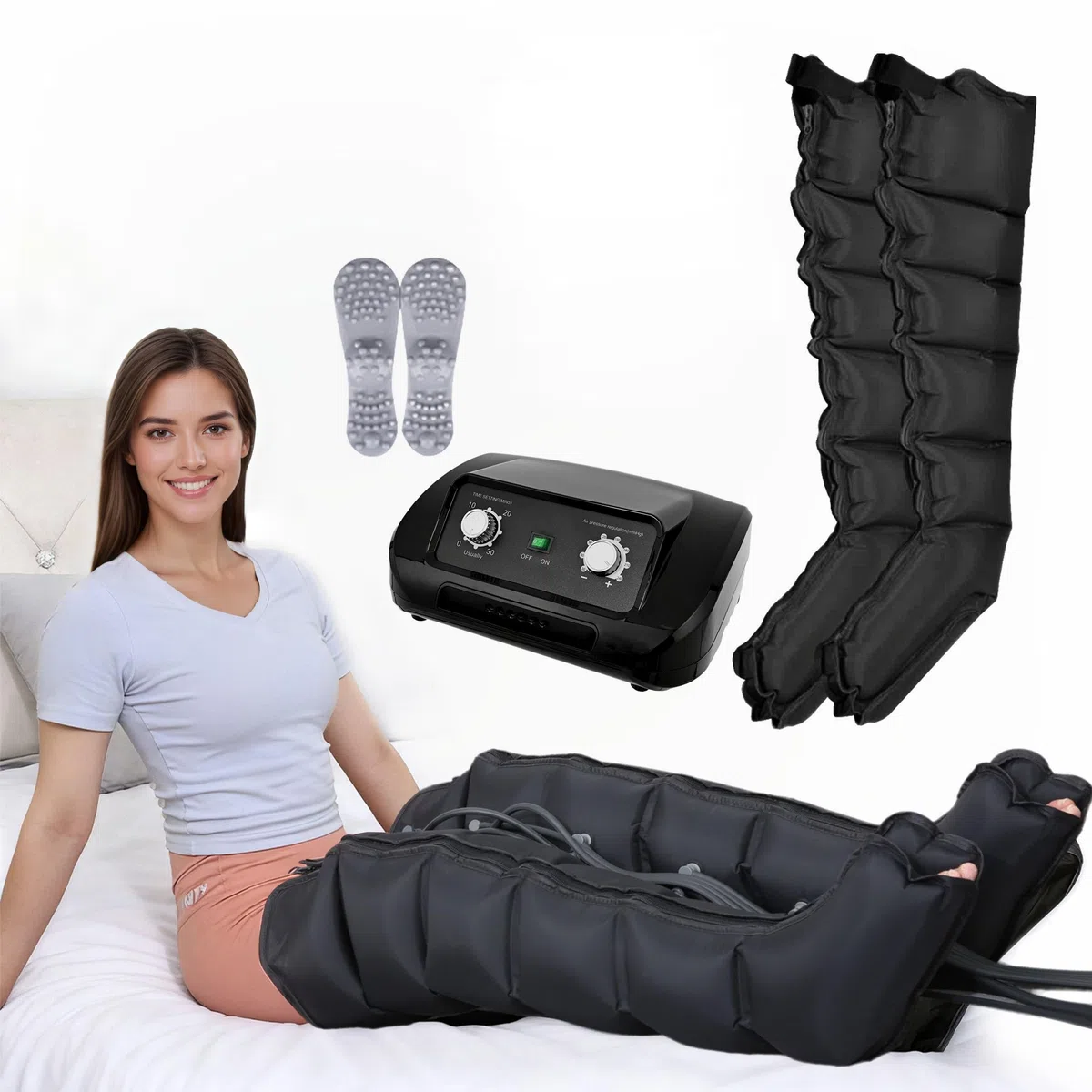 Lymphdrainage Gerät für Beine und Bauch, 6 Kammern Professionelles Beinmassagegerät für Lymphdrainage Lipödem, 30-240mmHg Einstellbarer Druck (Schwarz Beine, L)
