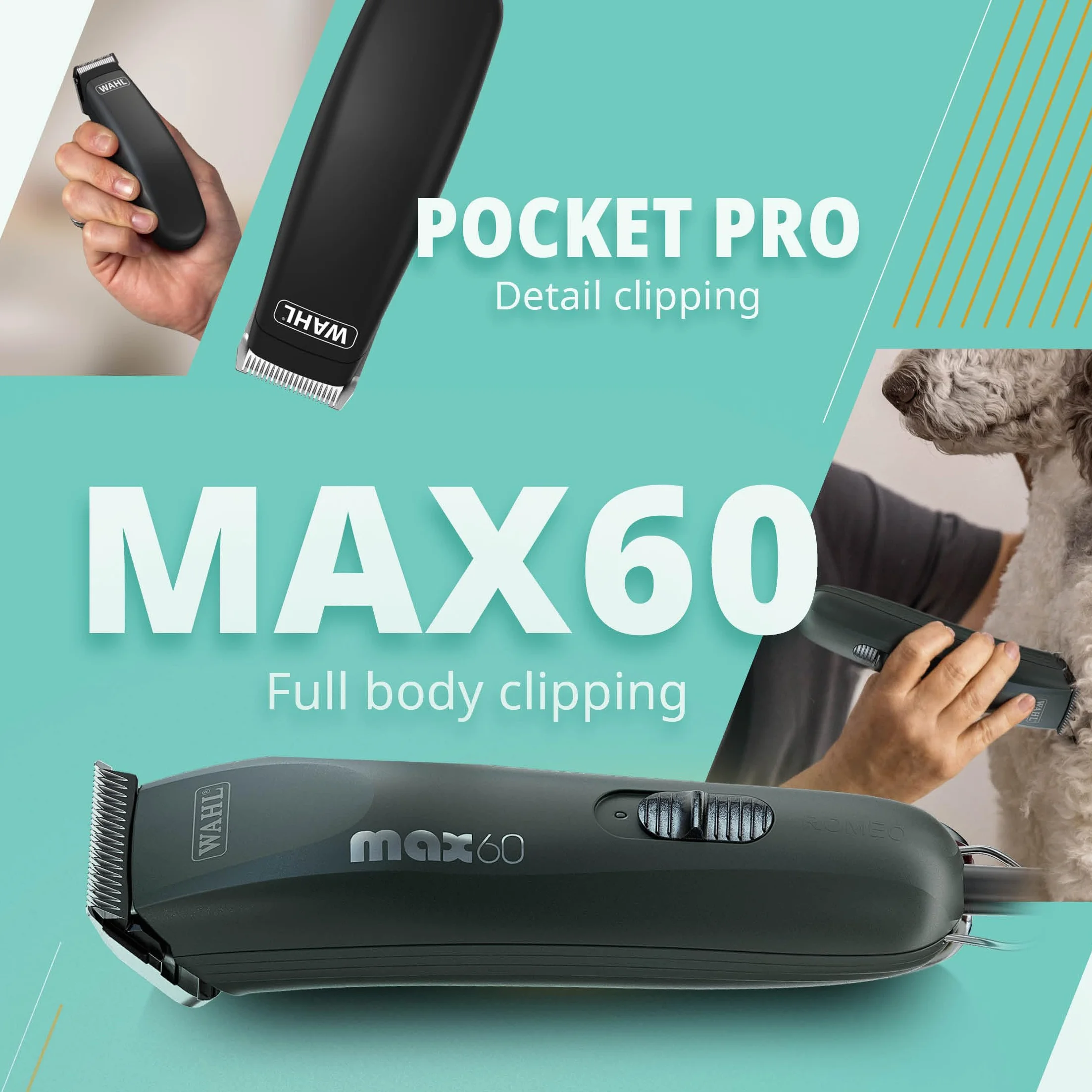 WAHL Animal Clipper Kit Max 60+Pocket Pro, Tierhaarschneidemaschine und Trimmer, Hunde- und Katzenhaarschneidemaschine, Tierpflege-Set, für alle Fellarten, vibrationsarm, leicht, schwarz