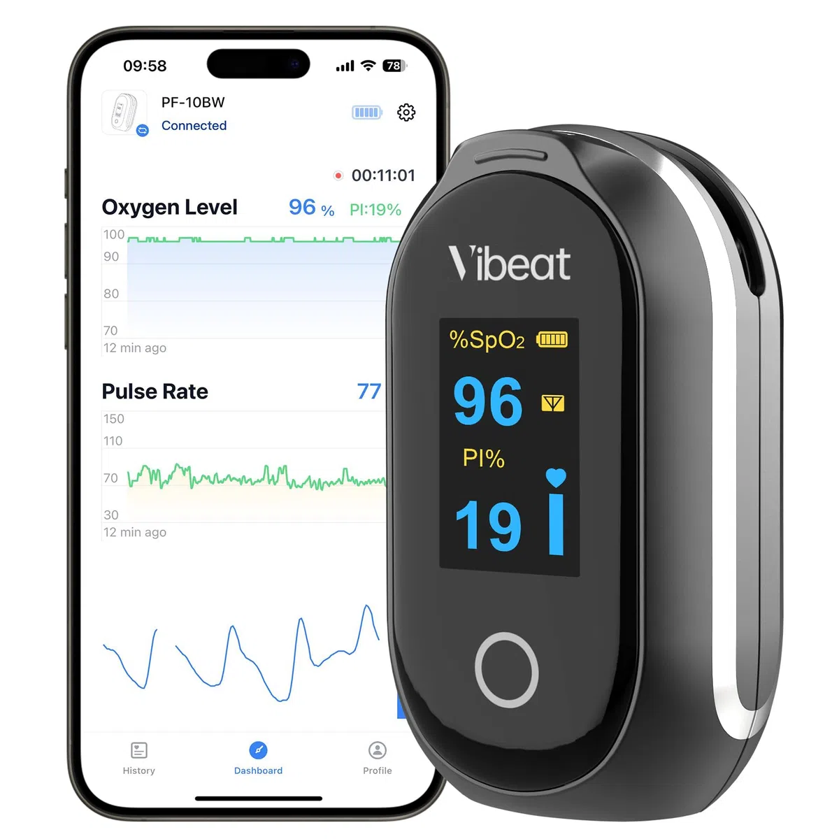 Vibeat Schlaf Bluetooth Pulsoximeter mit Dauermodus, Wiederaufladbares Sauerstoffsättigungs messgerät für Finger mit 8*10 Std Datenaufzeichnung, Blutsauerstoffmessgerät Finger mit Auto Datensynchron