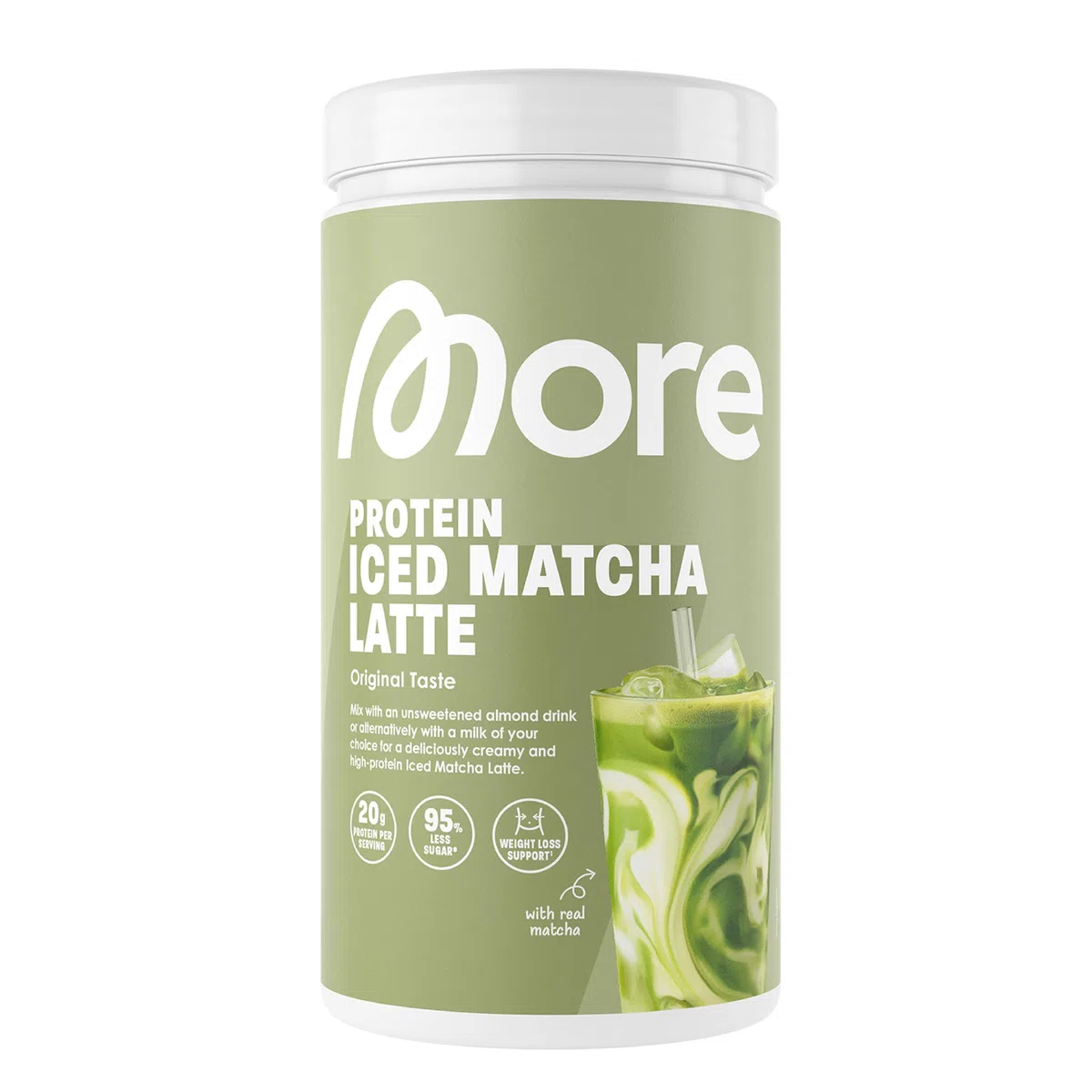 MORE Protein Iced Matcha Latte, 500g, Matcha Grünteepulver mit wertvollen Proteinen, wenig Zucker und Fett - made in Germany