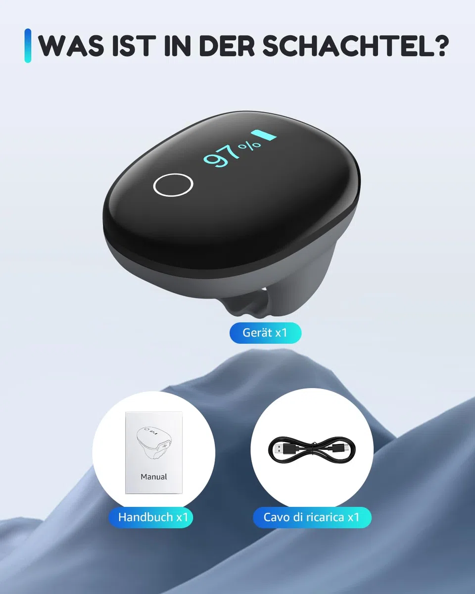 Wiederaufladbares O2 ring Bluetooth-Blutsauerstoffmessgerät für die Fingerspitze zur kontinuierlichen Messung von SpO2 und Pulsfrequenz