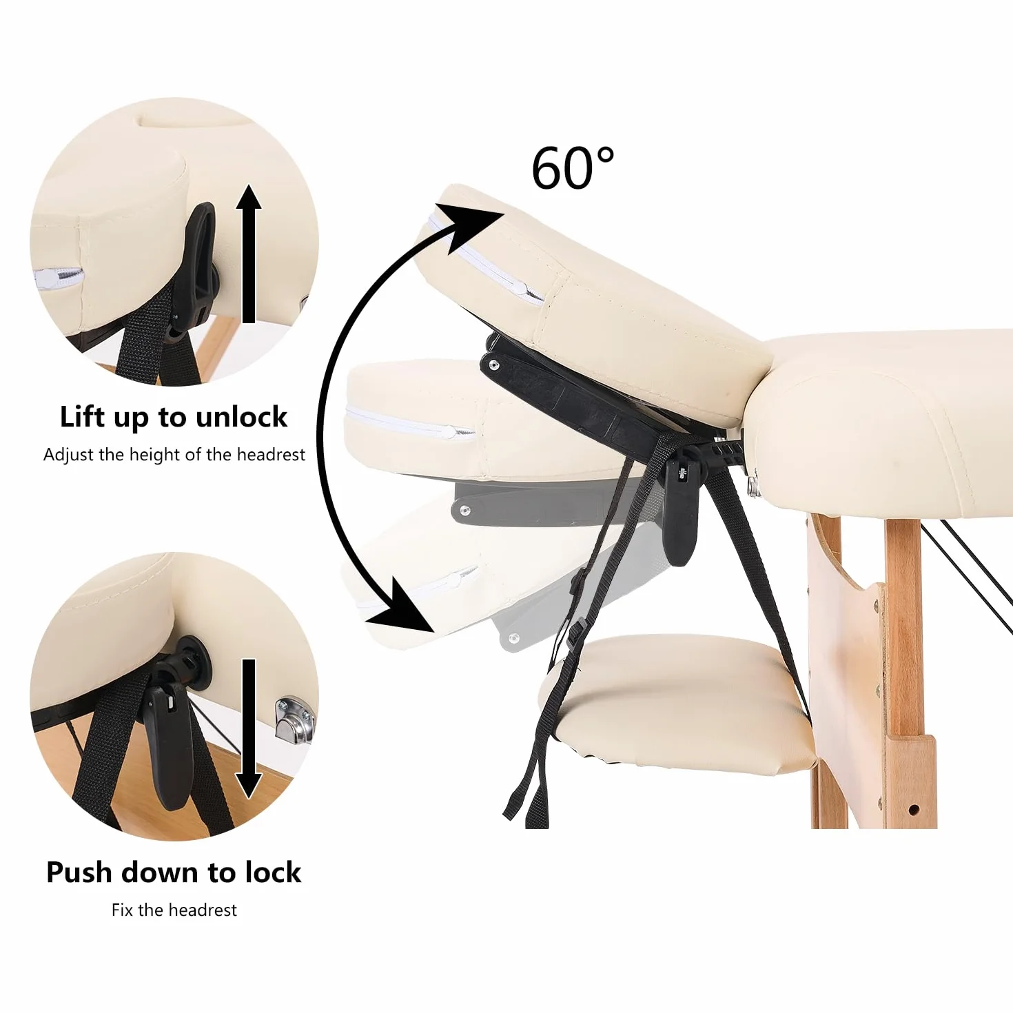 YOUNIKE Massageliege 2-Zonen klappbar Tragbare Massagebank Höhenverstellbarer Massagetisch mit Kopfstütze mit Holzfüßen und Zubehör Tragetasche Mobile Massagebett Creme