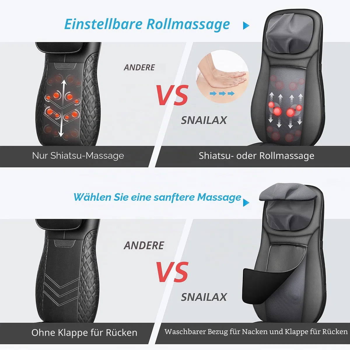 Snailax Massagesitzauflage mit Wärmefunktion, Shiatsu Massageauflage Rückenmassagegerät mit Kneten Vibration Ganzkörpermassage, Massagegerät für Rücken Gesäß, Geschenke für Männer/Frauen