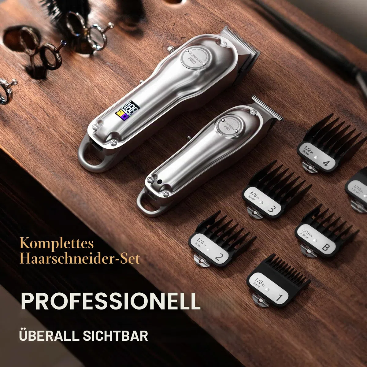 SUPRENT Haarschneidemaschine Profi-elektrischer Haar und Bartschneider Haarschneider Herren/Kinder/Frauen wiederaufladbar Haartrimmer Rasierer mit LED-Disply (Silber)