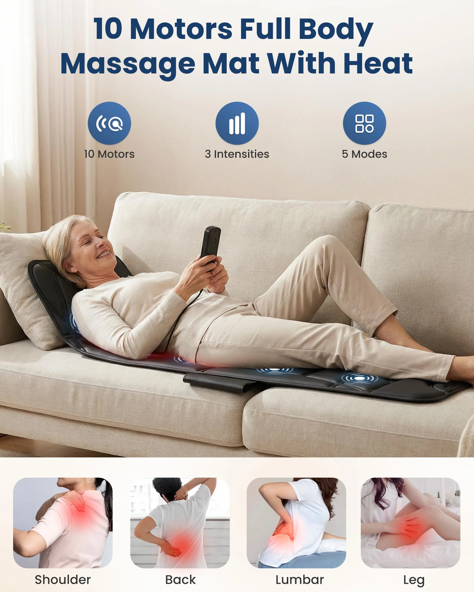 COMFIER Ganzkörper Massagematte mit Heizfunktion, Vibrations Massagesitzauflage mit 10 Vibrationsmotoren, 5 Massagemodi und Auto-Off-Funktion, Geschenk für Frauen