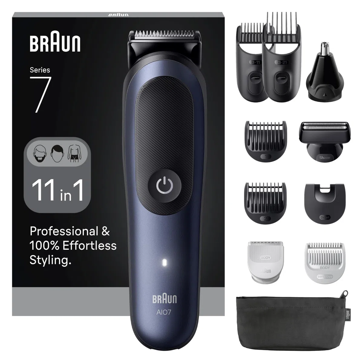 Braun Series 7 Multifunktions Körperpflege Set, 11 in 1, ProBlade und AutoSense, 120 min, SkinGuard und Bart Schattierung, AquaGrip für Unterwasser, AIO7540, blau