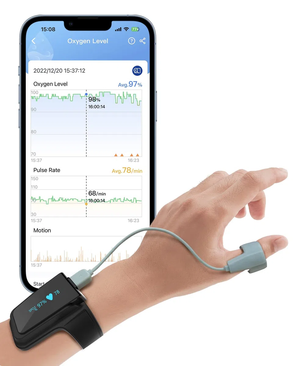 Wellue Checkme O2 Max Bluetooth Pulsoximeter mit Aufzeichnung, 72 Std Akkubetriebsdauer Sauerstoffsättigung Messgerät Handgelenk,Blutsauerstoffmessgerät, tragbarer Schlafmonitor mit APP&PC-Bericht