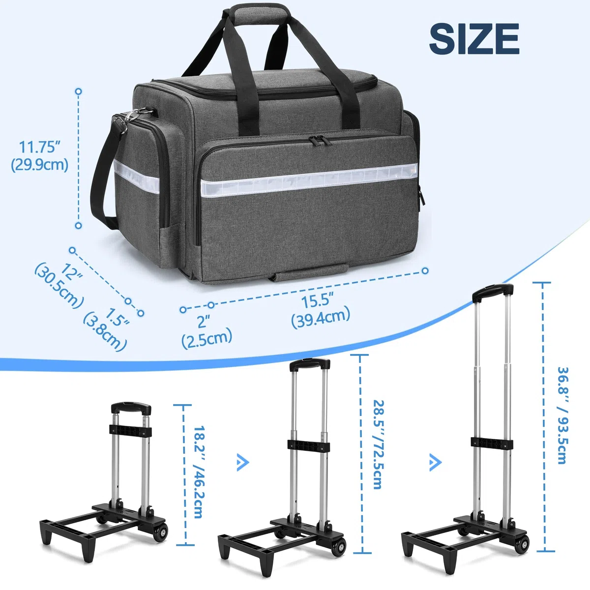 Damero Notfalltasche mit Abnehmbarem Trolley, Arzttasche mit Rollen für medizinische Geräte, Erste Hilfe Tasche für Krankenschwestern, Ärzte, Rettungssanitäter, EMS, Grau