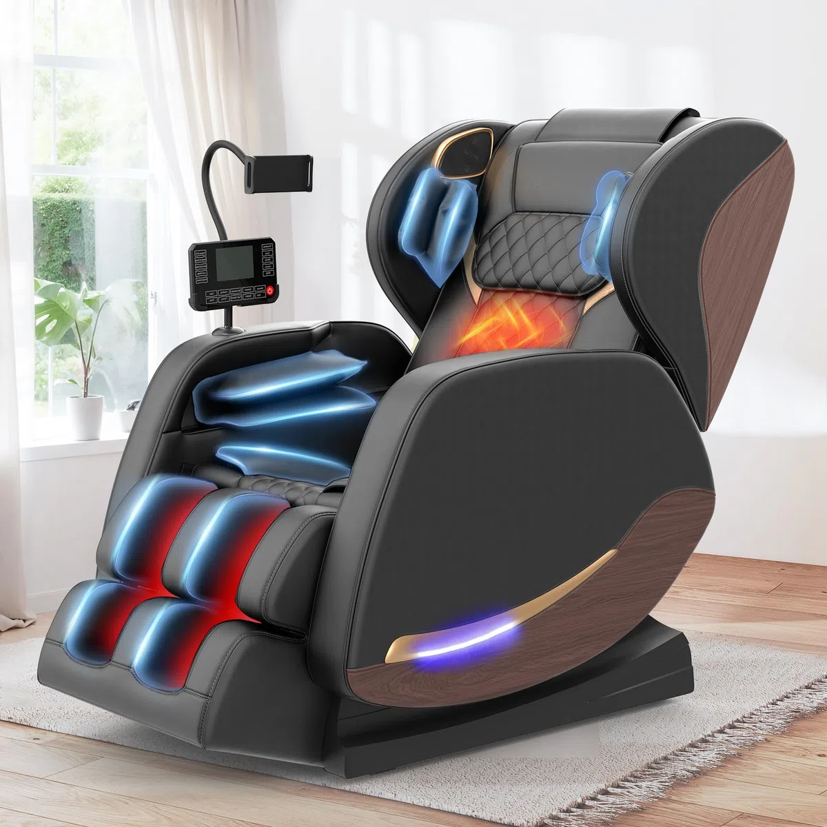 Ganzkörper Massagesessel mit 14 Massagerollen, 8 Airbags, Massagesessel mit Wärmefunktion-Beine und Taillenheizung, Bluetooth-Lautsprecher, Touchscreen-Controller, Zero-Gravity-Liegestuhl für Heimkino