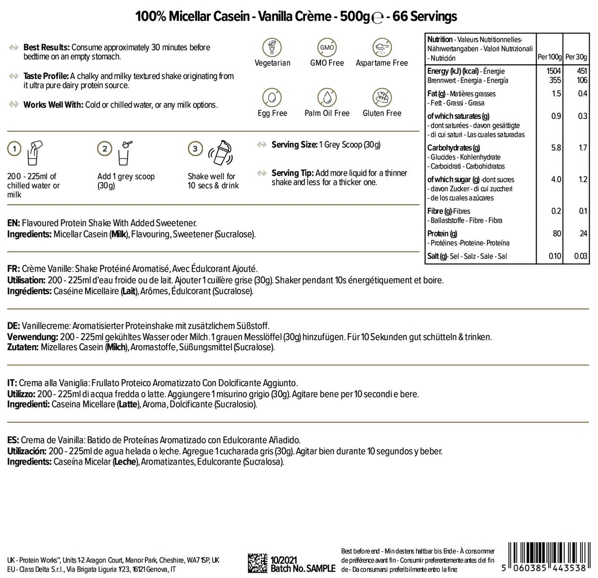 THE PROTEIN WORKS 100% Micellar Casein, Vanillecreme, 500g