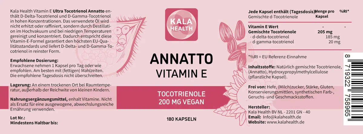 Annatto Tocotrienole 200mg Vegan Kala Health Vitamin-E-Ergänzungsmittel, frei von Tocopherol, Eannatto-Kapseln ohne PAKs und Schadstoffe – gentechnikfrei und antioxidativ (180)