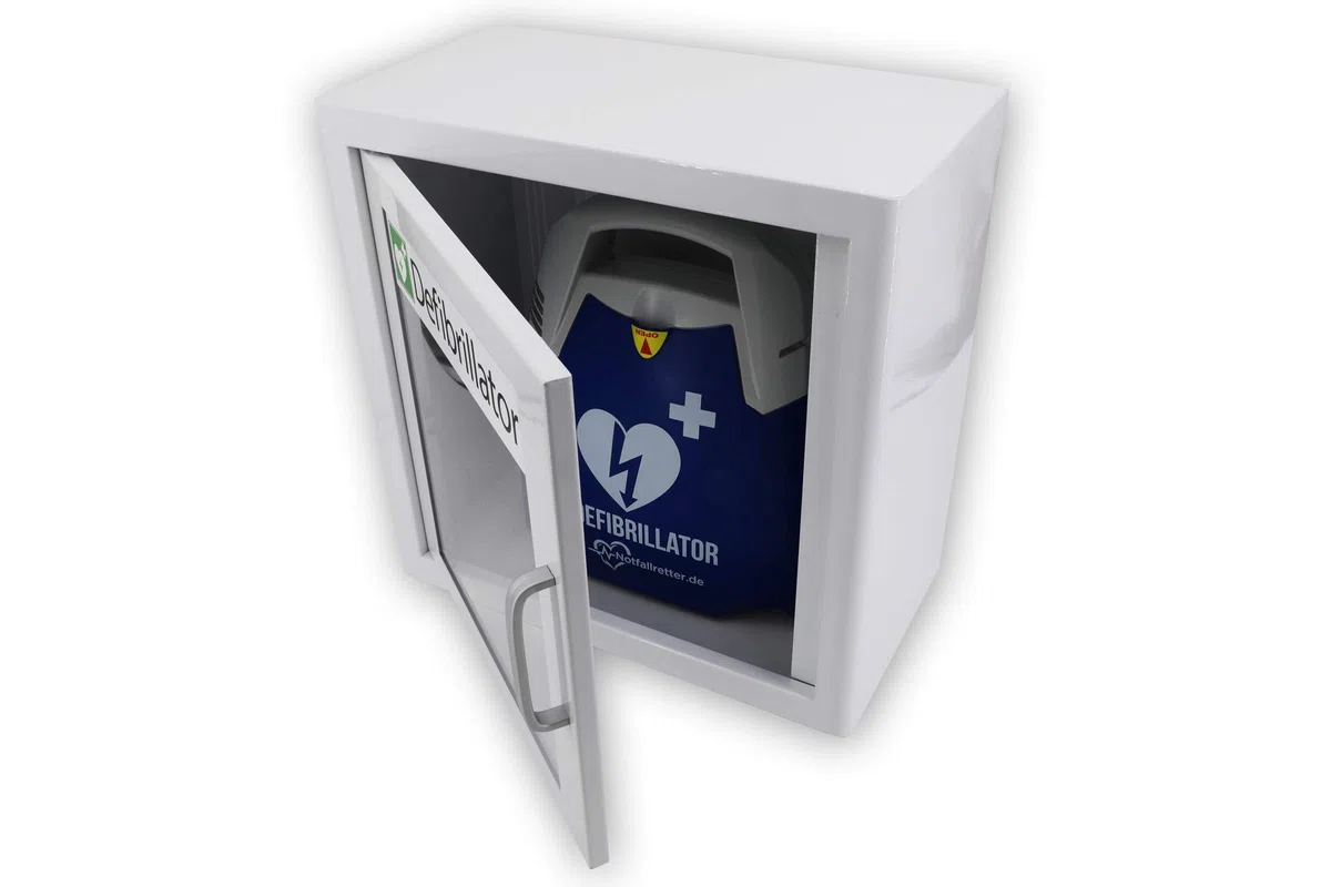 Innen-Wandschrank, weiß, für Defibrillator AED mit Kunststoffschauglas und Alugriff aus Metall