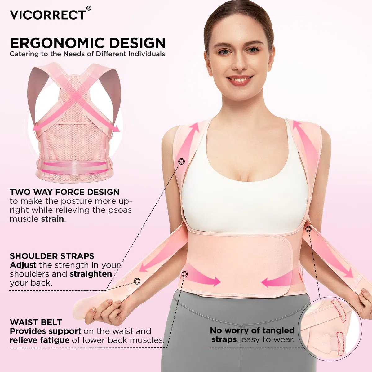 Vicorrect Posture Corrector für Frauen und Männer: Rückenstützband zur Linderung von Schmerzen im oberen Rücken und in den Schultern (Rosa, M)