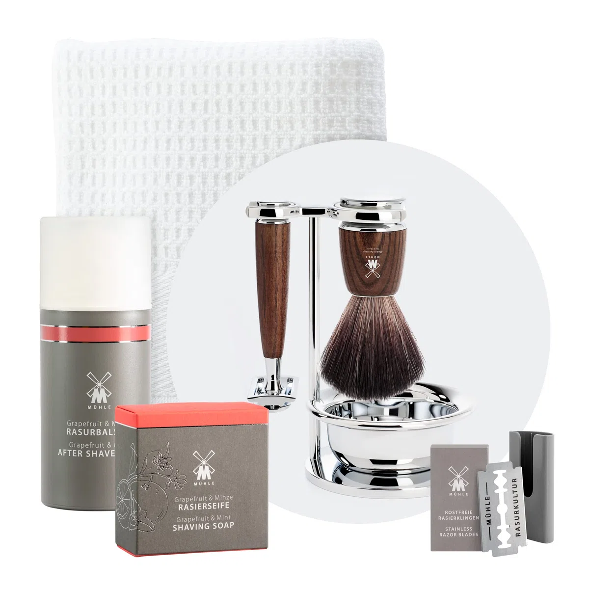 MÜHLE Rytmo Rasierset 8 tlg. - Pinsel, Hobel und Ständer verchromter Fuß, Klinge, Seife, Tuch, After Shave - edle Esche