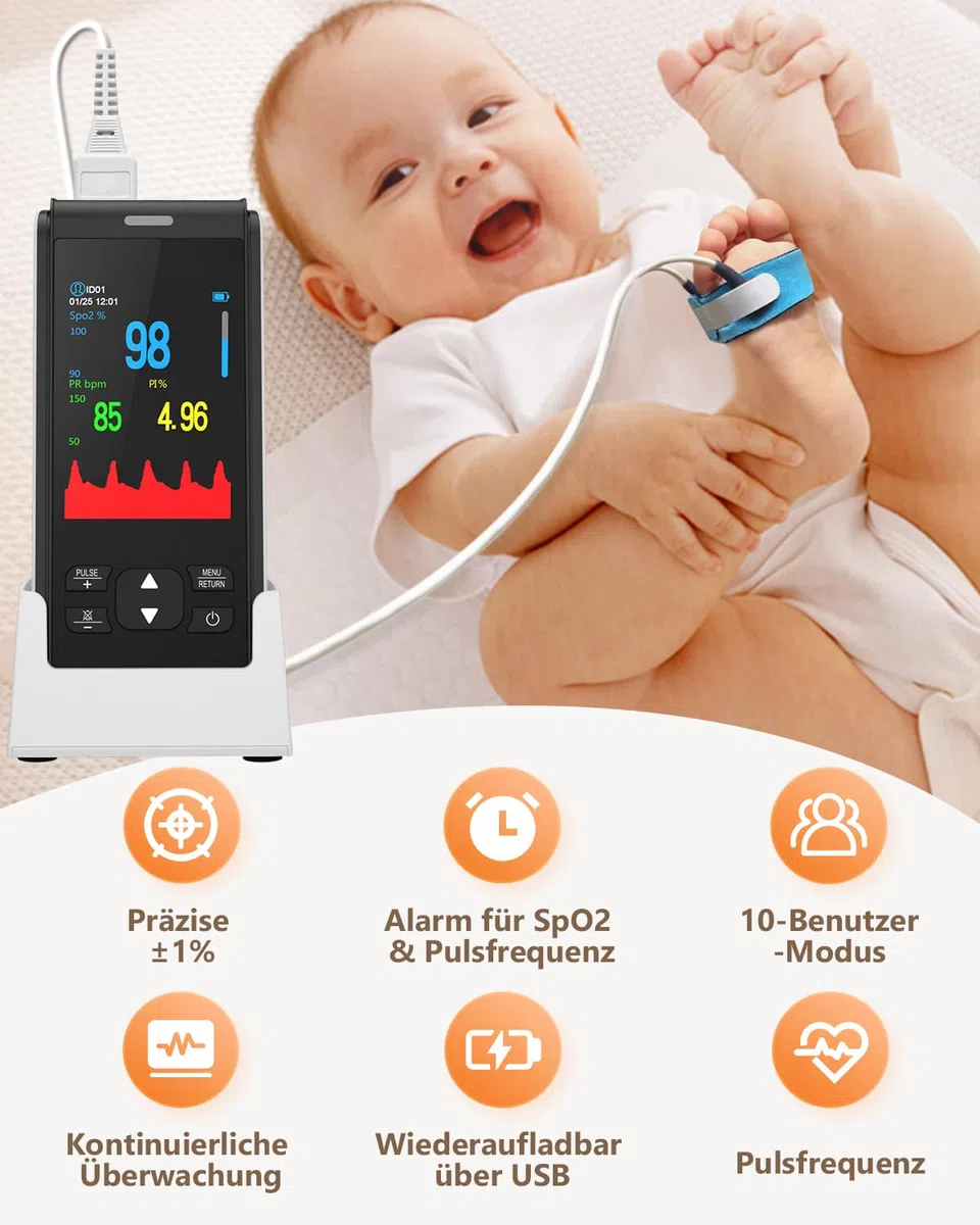 Portable HealthTree Pulsoximeter, wiederaufladbarer Sauerstoffmonitor, Sauerstoffsättigungsmonitor für Kinder, SpO2-Füllstandsüberwachung, Herzfrequenz und Infusionsindex
